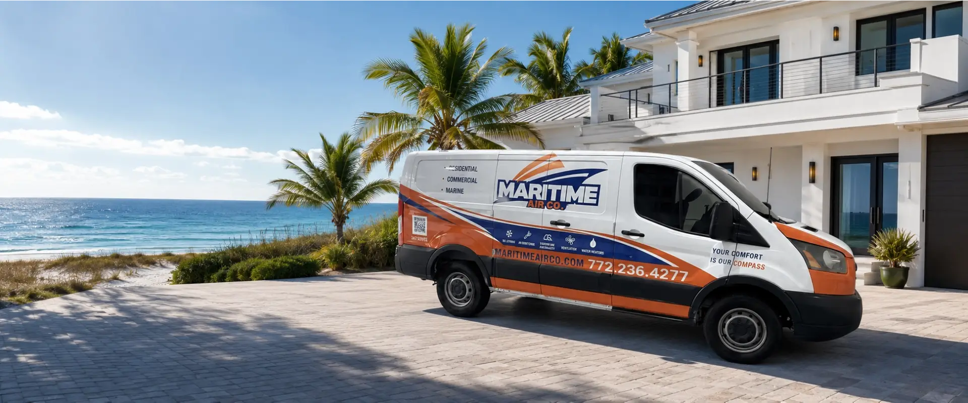 Maritime Air Co. service van at a coastal Florida home — residential HVAC service across the Treasure Coast